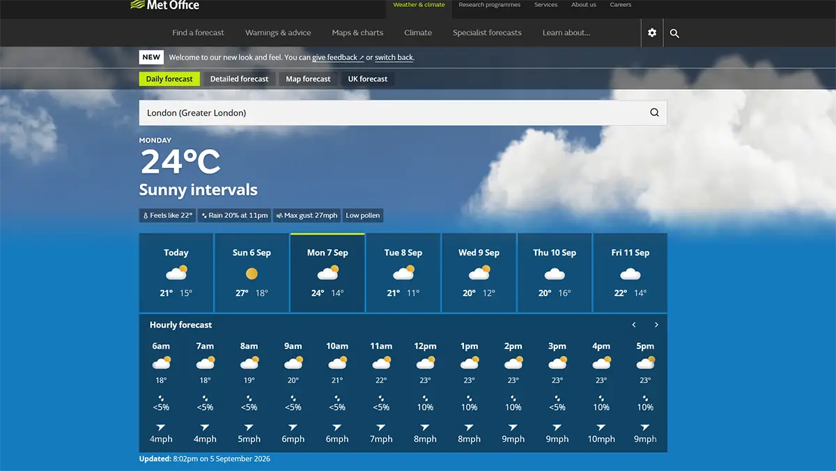 Forecast for London on Met Office Screenshot