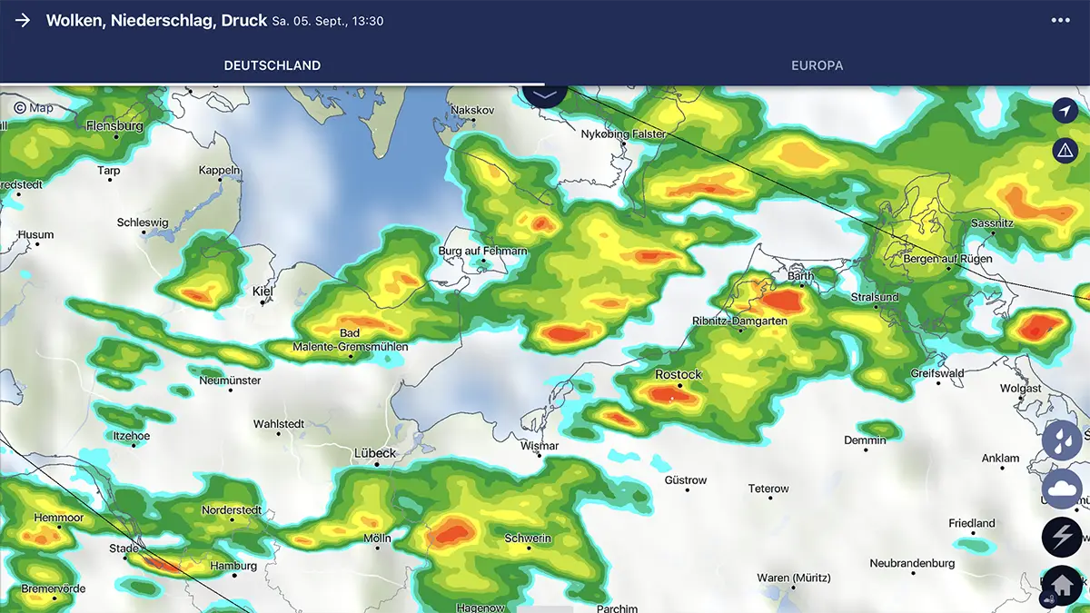 Rain radar of the baltic sea in WarnWetter Screenshot