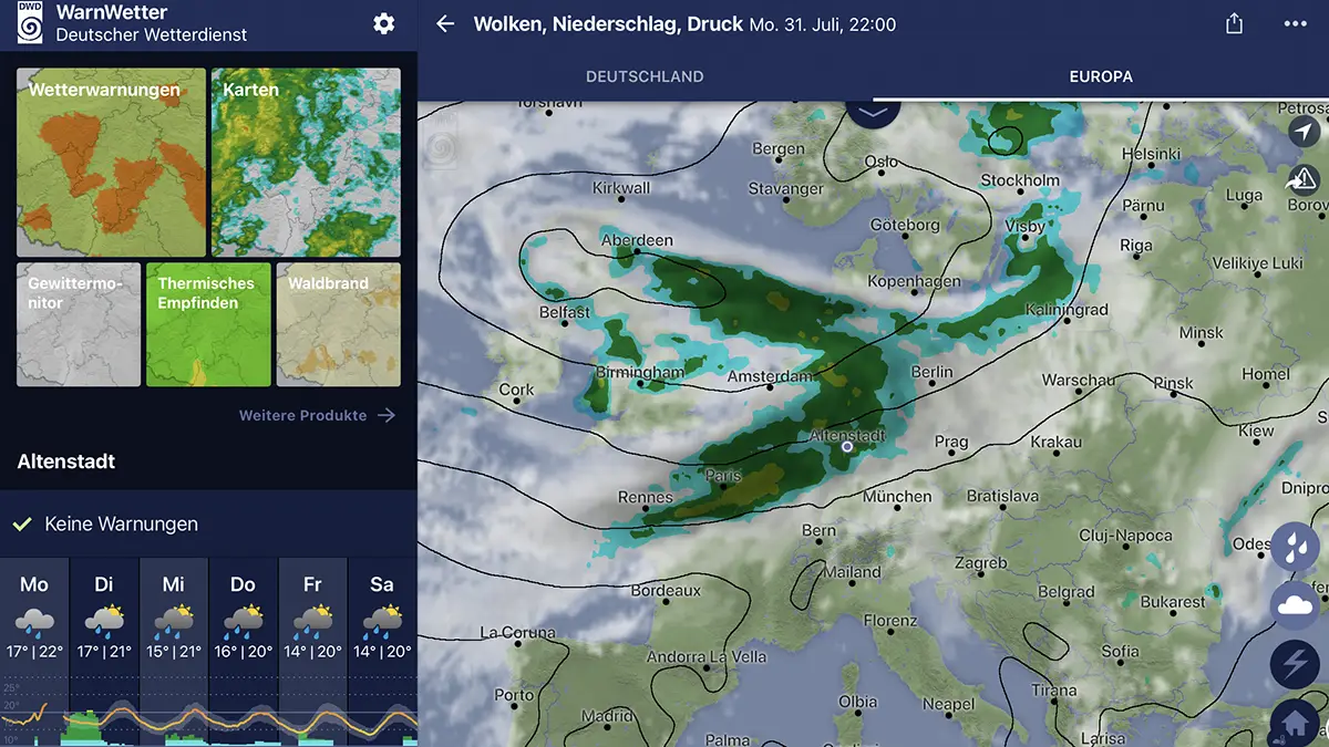 Screenshot of a rain band visualized in DWD WarnWetter