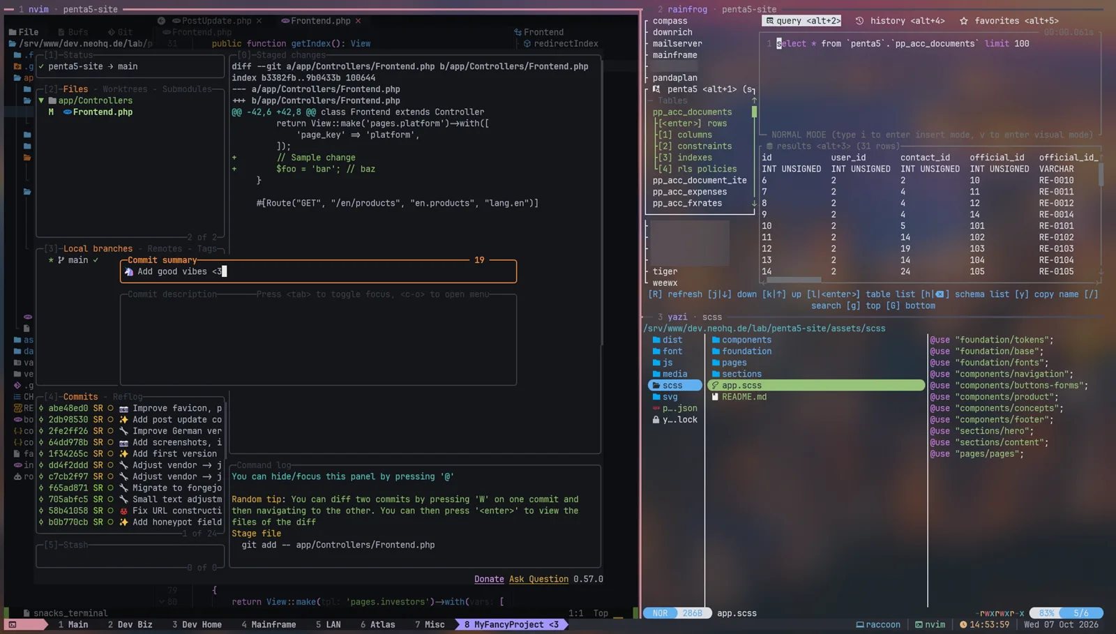 LazyGit, yazi, rainfrog screenshot